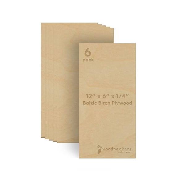 Baltic Birch Plywood, 6 mm 1/4 x 6 x 12 Inch Craft Wood, Box of 6 B/BB Grade Baltic Birch Sheets, Perfect for Laser, CNC Cutting and Wood Burning, by Woodpeckers