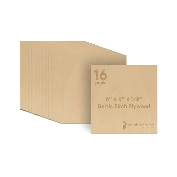Baltic Birch Plywood, 6 x 6 x 1/8 Inch - 3 mm Craft Wood, Pack of 16 B/BB Grade Baltic Birch Sheets, Perfect for Laser, CNC Cutting and Wood Burning, by Woodpeckers