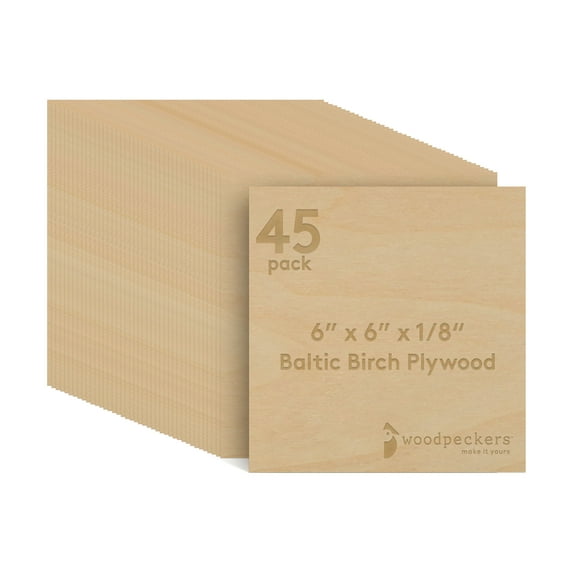 Baltic Birch Plywood, 6 x 6 x 1/8 Inch - 3 mm Craft Wood, Pack of 45 B/BB Grade Baltic Birch Sheets, Perfect for Laser, CNC Cutting and Wood Burning, by Woodpeckers
