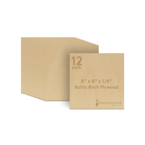 Baltic Birch Plywood, 8 x 8 x 1/4 Inch - 6 mm Craft Wood, Box of 12 B/BB Grade Baltic Birch Sheets, Perfect for Laser, CNC Cutting and Wood Burning, by Woodpeckers
