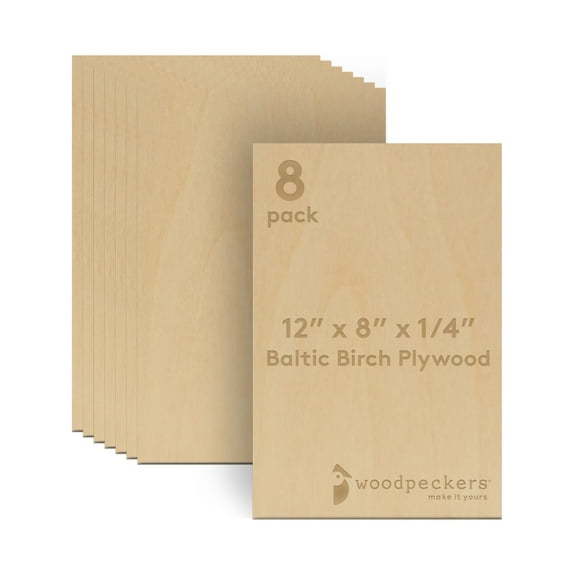 Baltic Birch Plywood, 8 x 12 x 1/4 Inch - 6 mm Craft Wood, Pack of 8 B/BB Grade Baltic Birch Sheets, Perfect for Laser, CNC Cutting and Wood Burning, by Woodpeckers