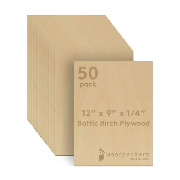 Baltic Birch Plywood, 6 mm 1/4 x 12 x 9 Inch Craft Wood, Box of 50 B/BB Grade Baltic Birch Sheets, Perfect for Laser, CNC Cutting and Wood Burning, by Woodpeckers