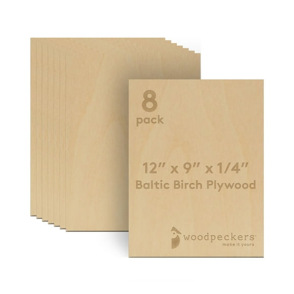 Baltic Birch Plywood, 6 mm 1/4 x 12 x 9 Inch Craft Wood, Box of 8 B/BB Grade Baltic Birch Sheets, Perfect for Laser, CNC Cutting and Wood Burning, by Woodpeckers