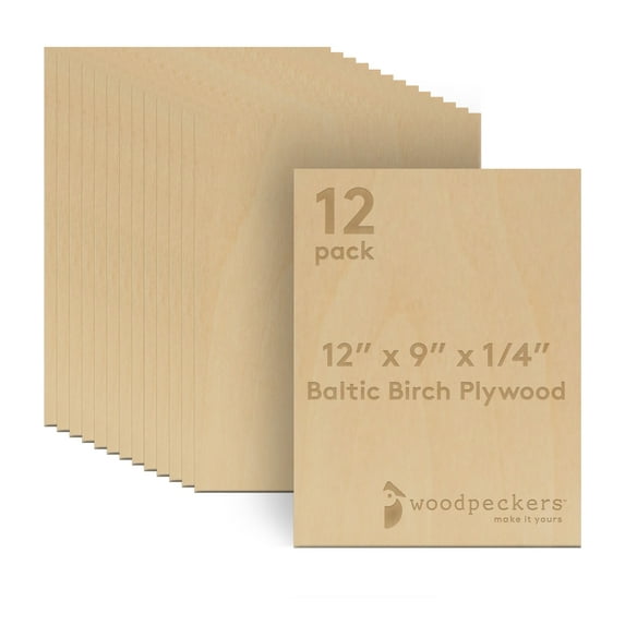 Baltic Birch Plywood, 6 mm 1/4 x 12 x 9 Inch Craft Wood, Box of 12 B/BB Grade Baltic Birch Sheets, Perfect for Laser, CNC Cutting and Wood Burning, by Woodpeckers