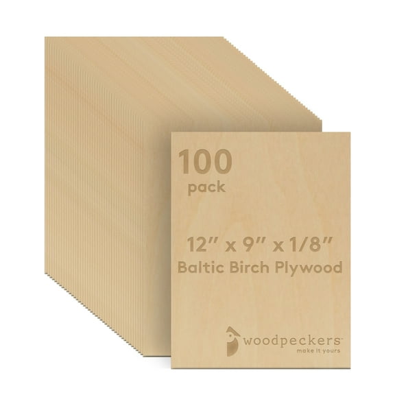 Baltic Birch Plywood, 9 x 12 x 1/8 Inch - 3 mm Craft Wood, Box of 100 B/BB Grade Baltic Birch Sheets, Perfect for Laser, CNC Cutting and Wood Burning, by Woodpeckers