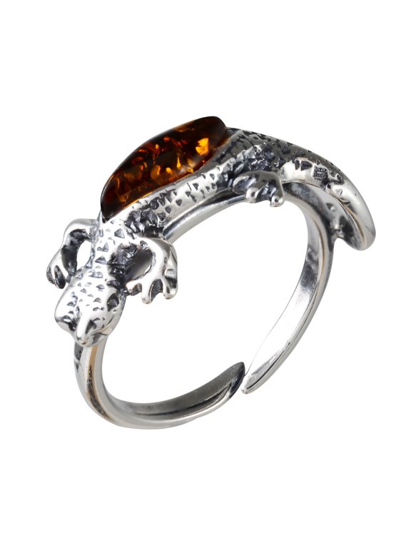 Baltic Honey Amber Lizard Adjustable Ring in Sterling Silver