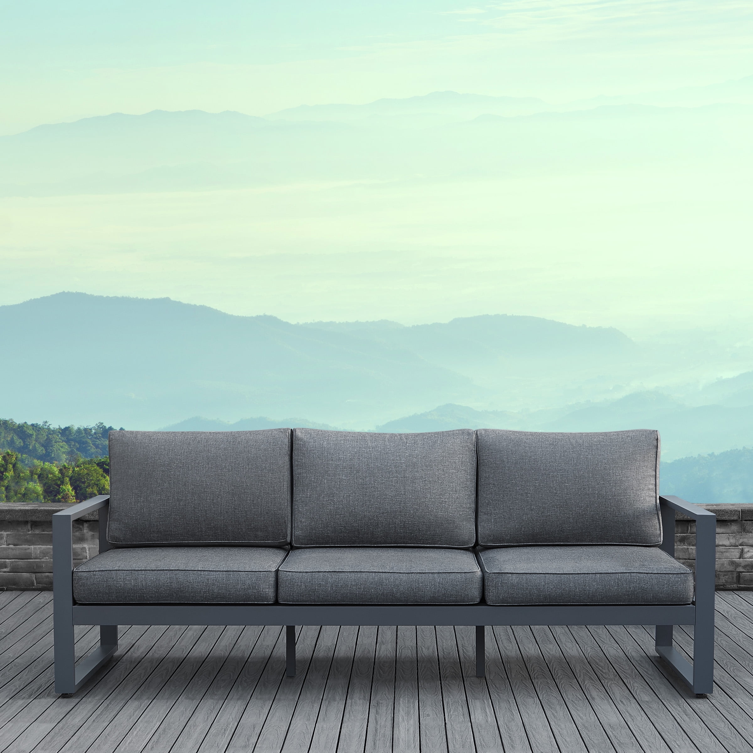 Gray Metal Three-Seat Outdoor Sofa with Cushions