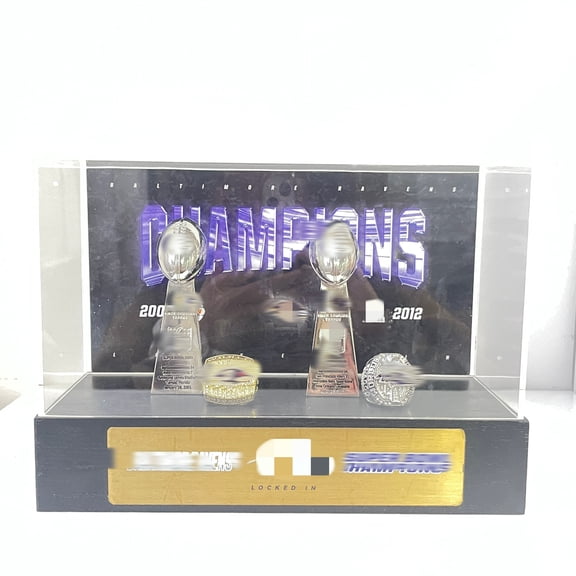 Baltim Rave Sup Bol Champions Trophy & Ring Display Set (2 Trophy + 2 Ring, NFL Fan Collectible Decor Gift)