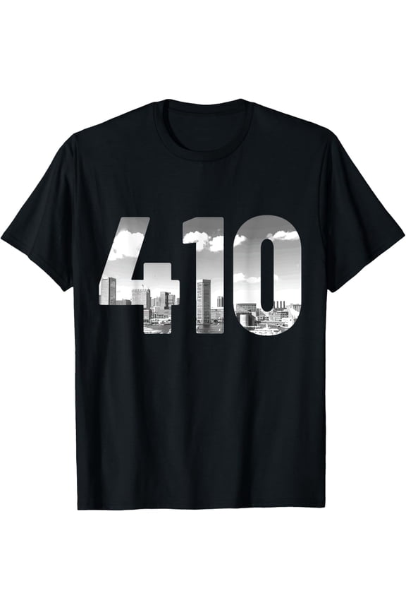 Baltimore 410 Area Code Skyline Maryland Vintage T-ShirtMen and women, Black T-shirt, size: Extra large