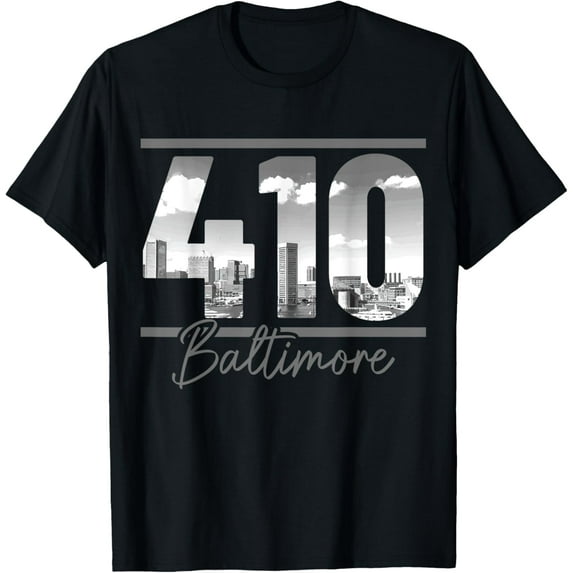 Baltimore 410 Area Code Skyline Maryland Vintage T-ShirtMen and women, Black T-shirt, size: Extra large