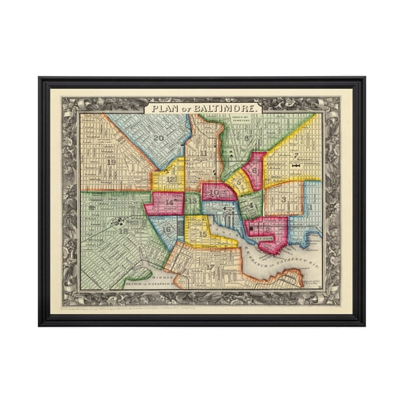 Baltimore Art, 1860 Vintage Map of Baltimore Maryland, MD History Wall Decor Gift, Old Baltimore Map - 36" x 24" Black Framed Print