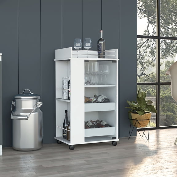 Baltimore Bar Cart with Wheels, Glass Door and 2 Side Shelves, White Kitchen Bar Furniture for Home Entertainment, Mobile Serving Cart