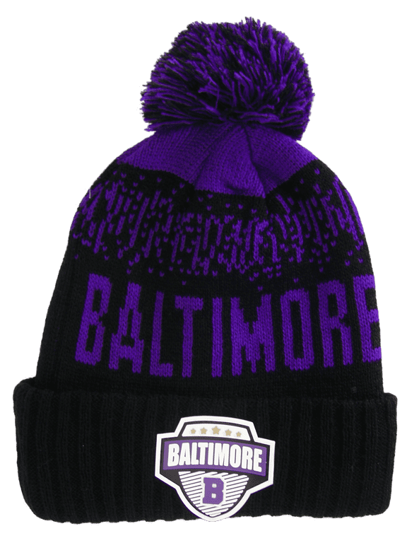 Baltimore City Name Rubber Patch Ribbed Winter Knit Pom Beanie (Purple/Black)