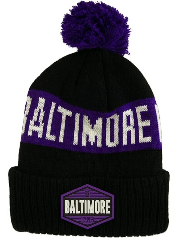 Baltimore City Name Winter Knit 3D Rubber Patch Pom Beanie Hat (Black/Purple)