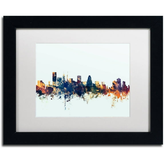 "Baltimore MD Skyline Blue" Canvas Art by Michael Tompsett, White Matte, Black Frame