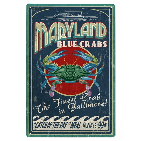 Baltimore, Maryland, Blue Crabs Vintage Sign Birch Wood Wall Sign (6x9 Rustic Home Decor, Ready to Hang Art)