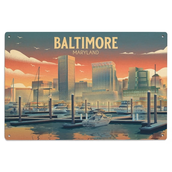 Baltimore, Maryland, Lithograph, City Series Birch Wood Wall Sign (6x9 Rustic Home Decor, Ready to Hang Art)