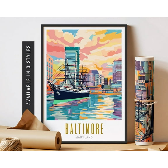 Baltimore Maryland Poster Travel Destination Art Baltimore Inner Harbor Poster Retro City Poster Travel Art Decor Home Decor, 8x12 UNFRAMED