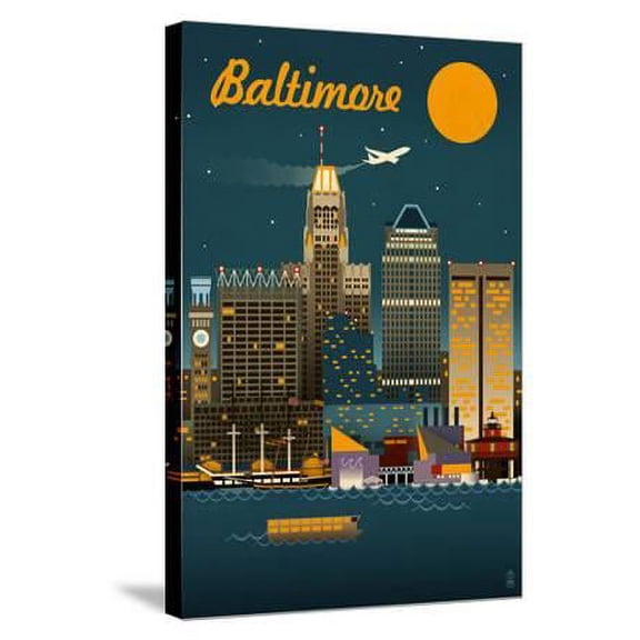 Baltimore, Maryland Retro Skyline, Stretched Canvas Wall Art by Lantern Press Sold by ArtCom