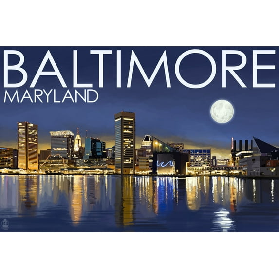 Baltimore, Maryland, Skyline at Night (24x36 Giclee Gallery Art Print, Vivid Textured Wall Decor)