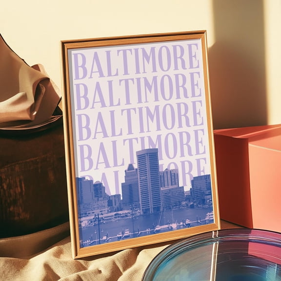Baltimore Print Maryland Wall Art Purple Baltimore City Skyline Retro Travel Print Preppy Decor Cute Md Artwork Home Decor #698, Unframed Canvas Size 24x36