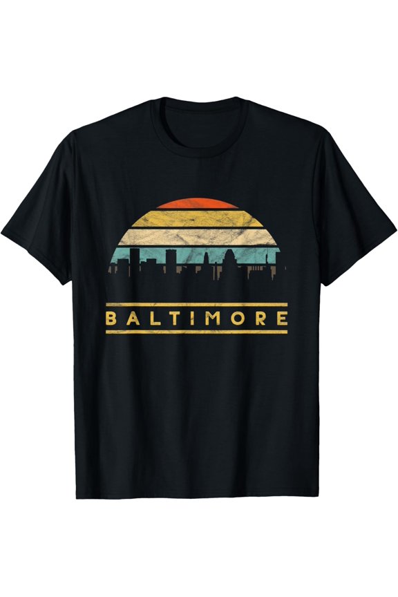 Baltimore Skyline Retro Vintage Sunset Souvenir T-ShirtMen and women, Black T-shirt, size: Extra large