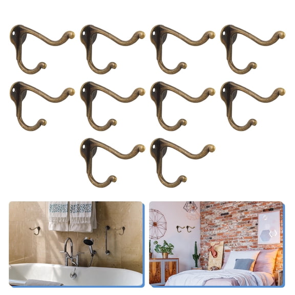 Baluue 10Pcs Golden Metal Hooks Dual Prong Heavy Duty Wall Hooks for Storage and Organization