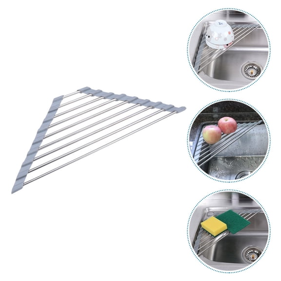 Baluue Foldable Stainless Steel Drain Rack Gray - Kitchen Sink and Countertop Storage Organizer for Dishes and Utensils