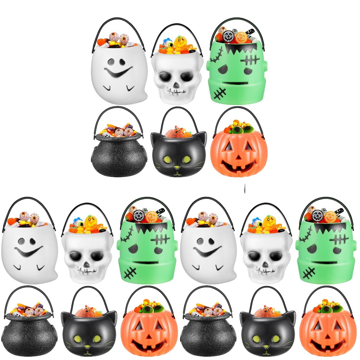 Cabilock 12 Stück Halloween Süßigkeiten-Eimer Set | Kürbis, Hexe, Geist, Totenkopf, Aus Kunststoff