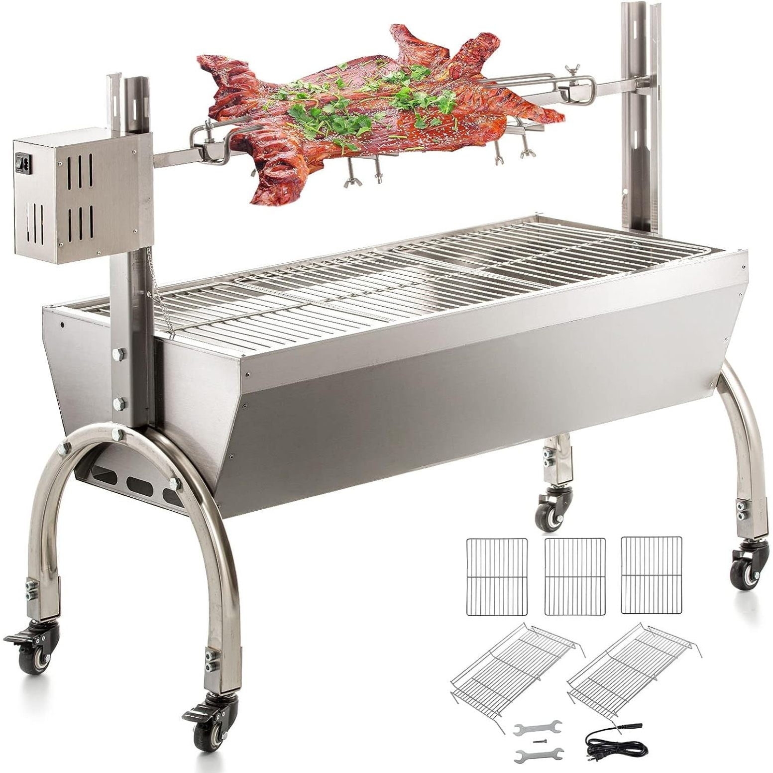 BalyFovin 132 LBS Rotisserie Grill Roaster 45W Rotisserie Motor Small Lamb Pig Rotisserie Kit 35