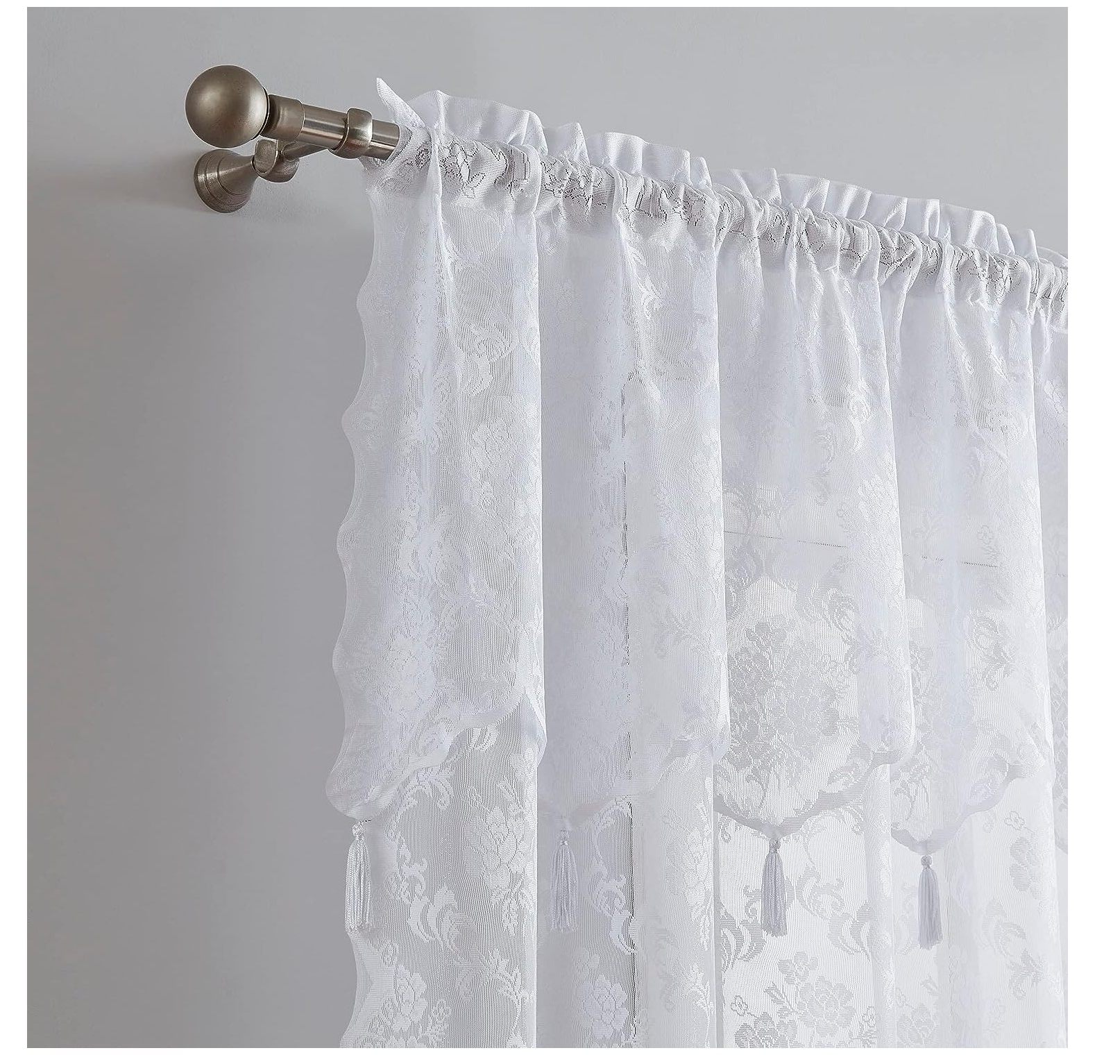 BalyFovin Pair of White Lace Curtains with Attached Valance and 6