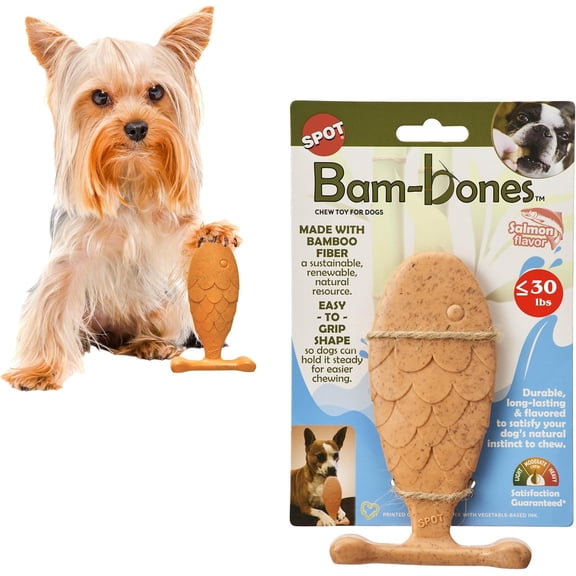 SPOT Bam-Bones Bamboo Fiber Fish Dog Toy for Light to Moderate Chewers, Ideal for Adult Dogs & Teething Puppies Under 30lbs, 5.5in, Salmon Flavor
