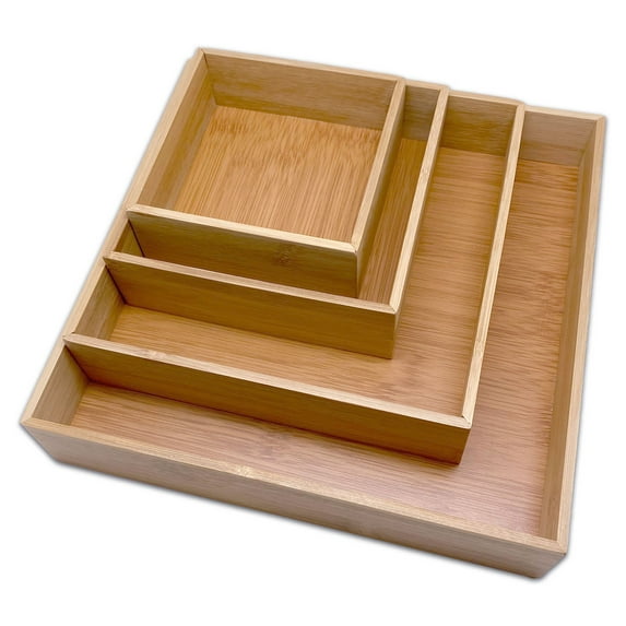 Bam & Boo - 4-Pieces Square Natural Bamboo Desk Drawer Organizer Trays & Storage Bins (Multi Sizes) - for Office, Kitchen, Dresser