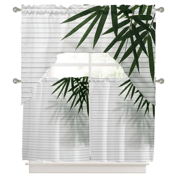 Bam Boo Leaf Kitchen Curtains Swag Valance and Tier Curtains Set 36 Inch Length, Japanese Zen Plants Minimalist Art Rod Pocket Drape Panels Pair Swag Curtains for Bathroom/Cafe/Window