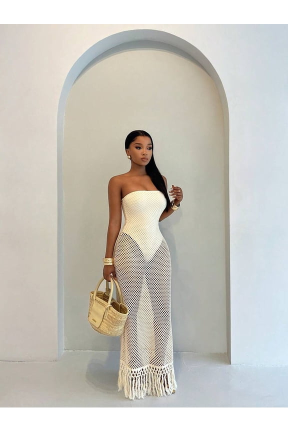 BamGlam Ladies' Beach Summer Crochet Mesh Tassel Hem Strapless Maxi Dress, Fake Two-Piece Design