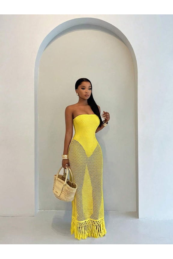 BamGlam Ladies' Beach Summer Crochet Mesh Tassel Hem Strapless Maxi Dress, Fake Two-Piece Design