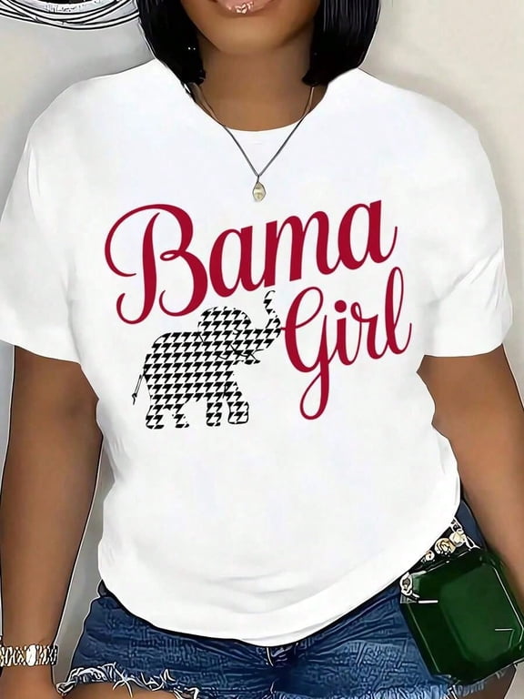 Bama Girl Graphic Crew Neck Tee Crimson Elephant Houndstooth Cotton Top