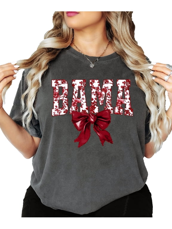 Bama Red Floral Bow Shirt for Women & Teens Trendy Alabama School Sports Fan Tee Pepper Shirt Adult X-Large