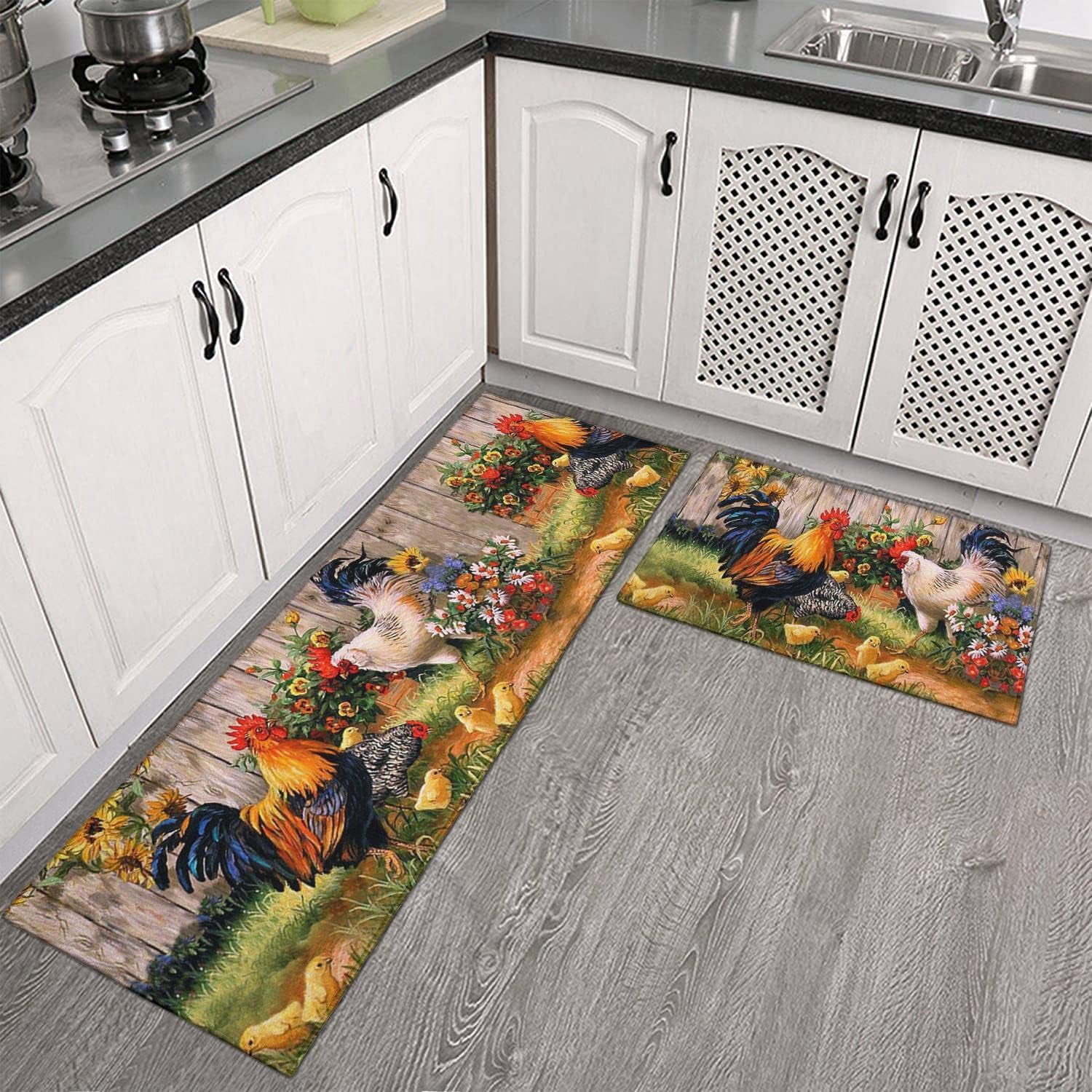 Hen Rug Bamabau 2 Pieces Ergonomics Rooster Hen Chicks Kitchen Rugs and Mat ...