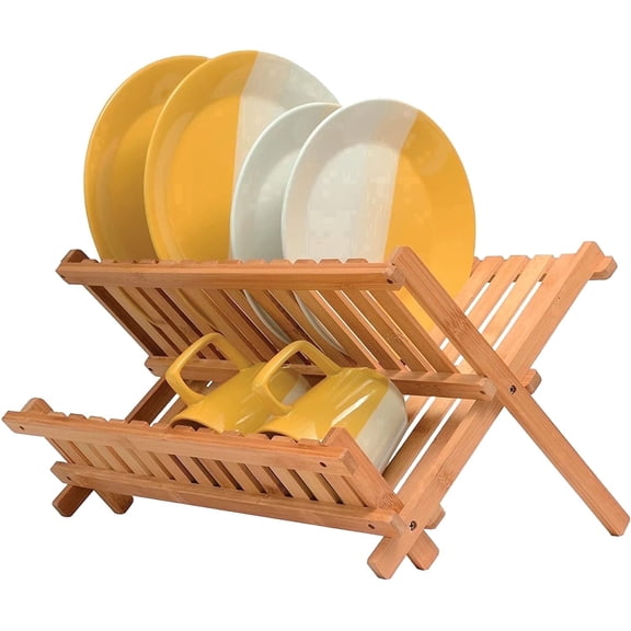 Bamboo Dish Rack Foldable Drying Collapsible Dish Drainer Wooden Plate Rack.