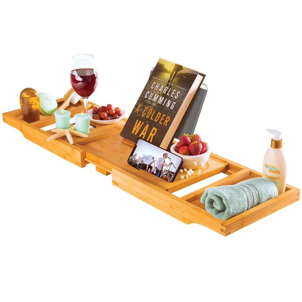Luxury Bamboo Expandable Bathtub Tray Caddy with Book and Wine Holder