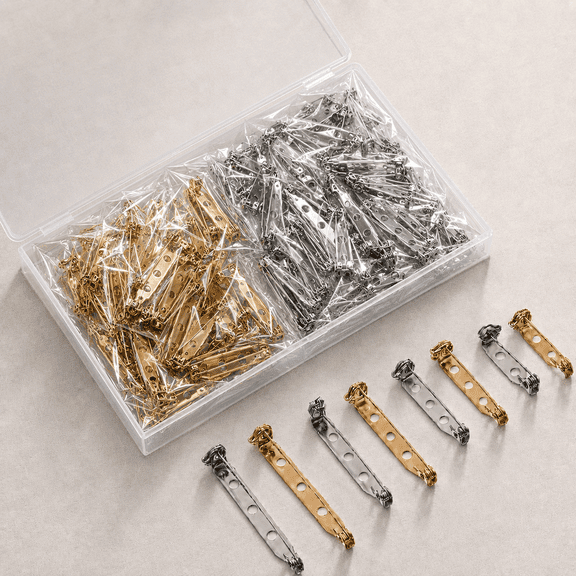 Bambang 100 Pcs Stainless Steel Brooch Bar Pin Backs for Crafts & Jewelry Making, 4 Sizes, Gold & Silver Finishes