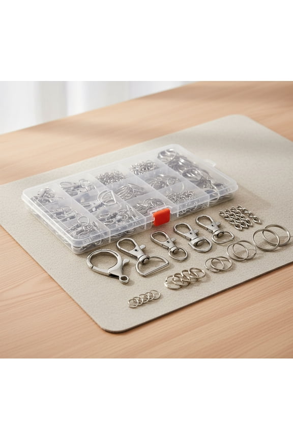 300-Piece Silver Metal Keychain Making Kit, DIY Craft Hardware with Clips, Key Rings, Jump Rings for Custom Projects