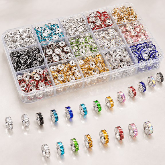Bambang 8mm Rondelle Rhinestone Spacer Beads, 15 Colors 900 Pieces for Jewelry Making, Beaded Pens and DIY Crafts