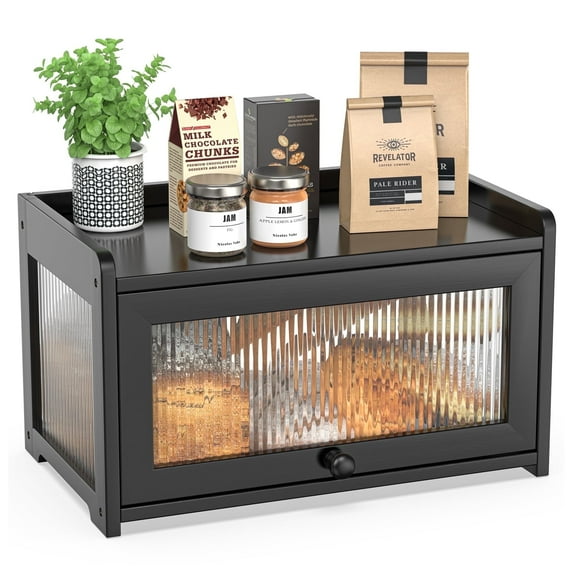 Bambang Farmhouse Bamboo Bread Box with 3 Sides Wavy & Back Clear Window for Kitchen Counter