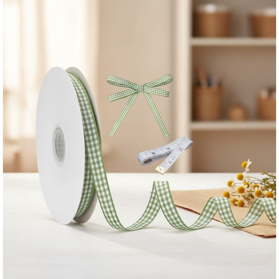 Bambang Moss Green & White Buffalo Plaid Gingham Ribbon, 3/8 Inch x 50 Yd, For Sewing, Crafting, Gift Wrapping & Decor