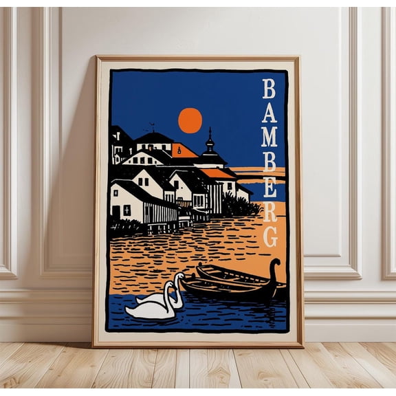 Bamberg Riverside Sunset Scene Blue Orange Travel, Unframed Paper Print
