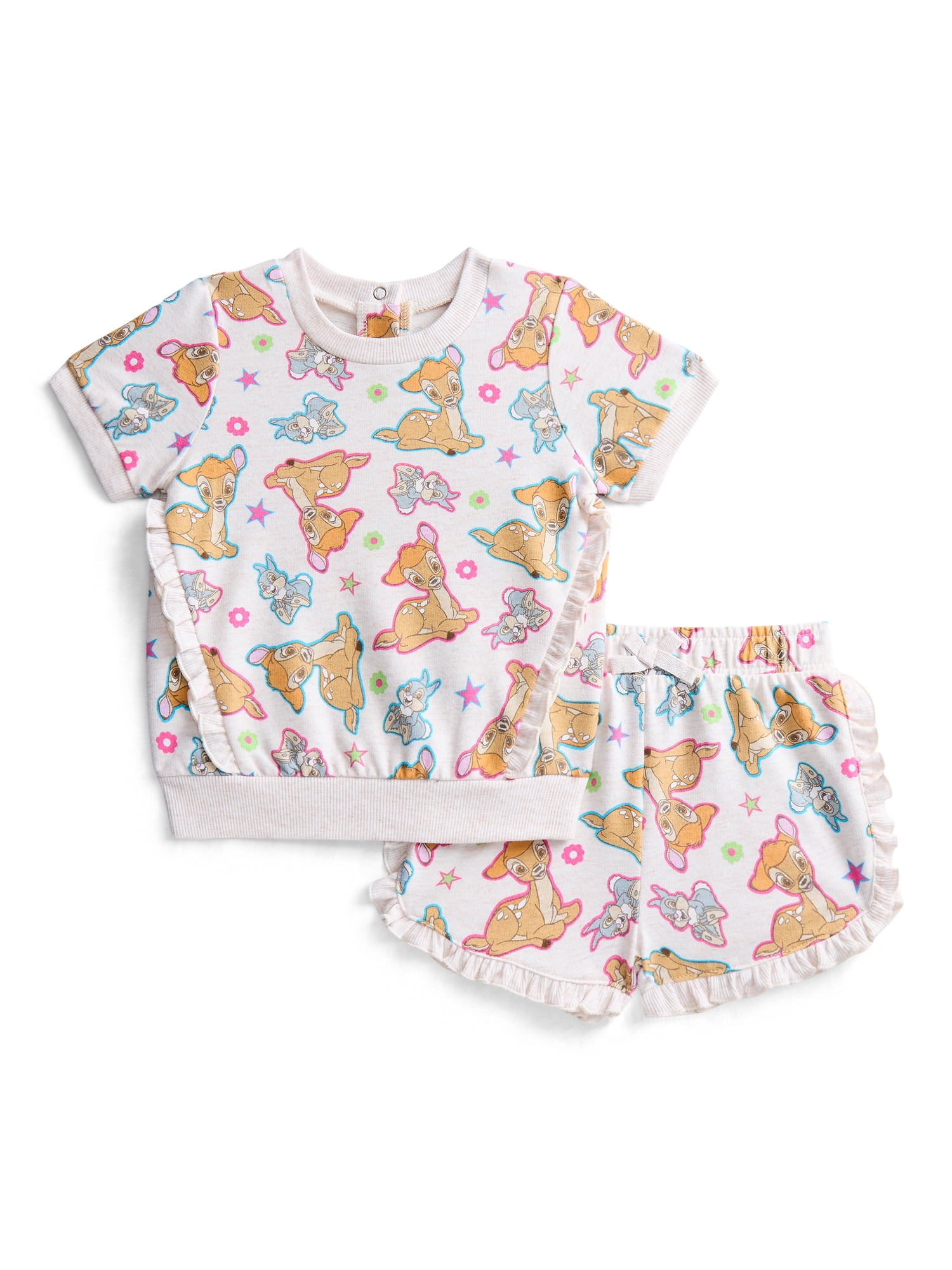 Bambi Baby Girls Short Sleeve Allover Print Ruffle Shirt and Matching Shorts Set, 2-Piece, Sizes 0/3M-24M