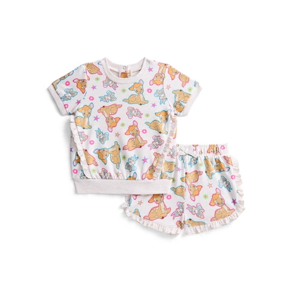 Bambi Baby Girls Short Sleeve Allover Print Ruffle Shirt and Matching Shorts Set, 2-Piece, Sizes 0/3M-24M