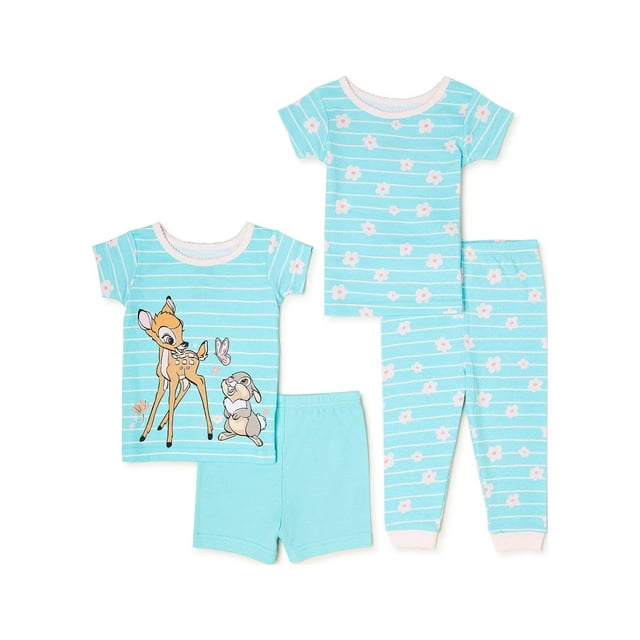 Bambi Baby and Toddler Girl T-Shirt, Short, and Pants Pajama Set, 4-Piece, Sizes 9M-24M